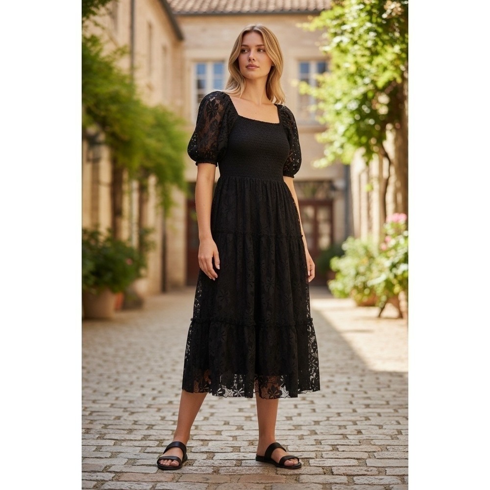 J Gee Black Lace Smocked Midi Dress Square Neck Puff Sleeve Tiered LBD XL - Picture 2 of 7
